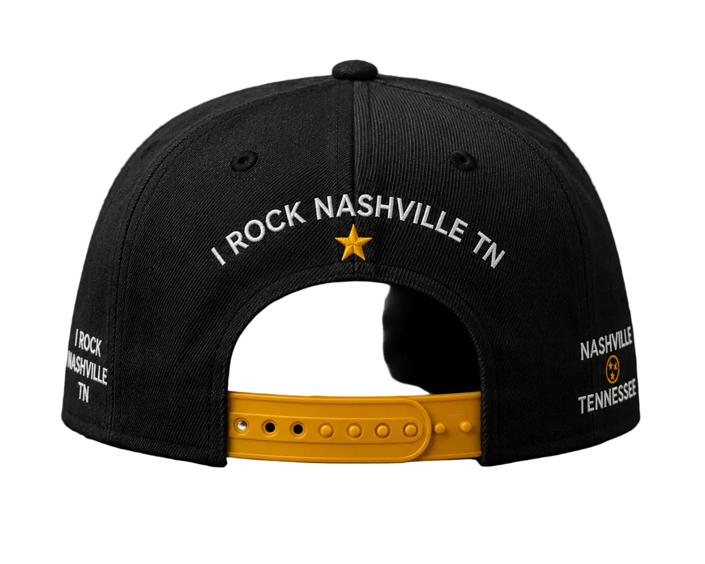 Black cap with 'I Rock Nashville TN' text and yellow star on a black background